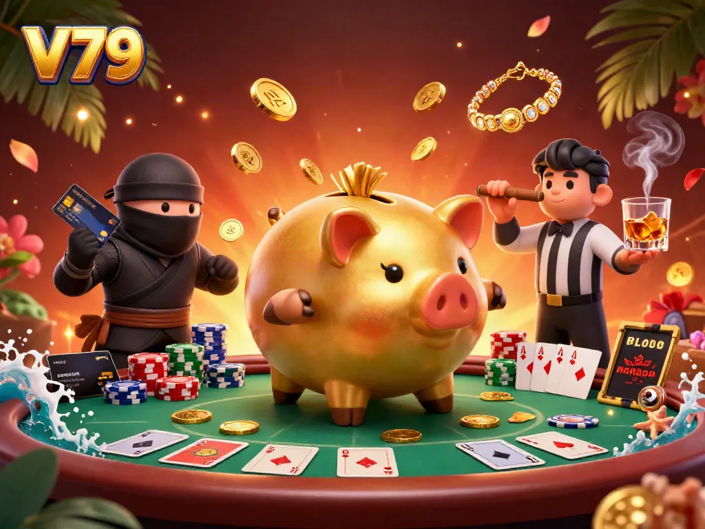 Experience thrilling gameplay at V79 with a golden piggy bank sumo wrestler amidst poker action and cascading coins.