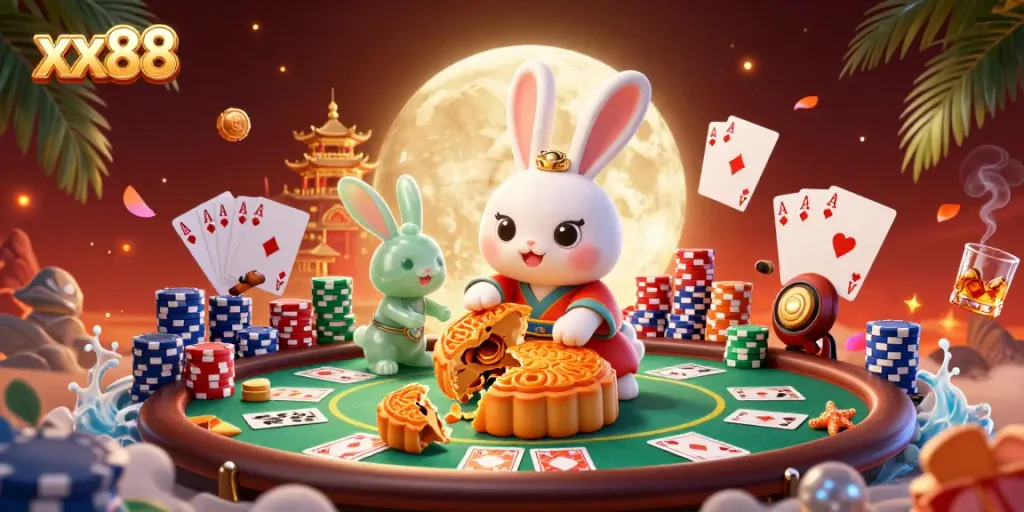 Experience winning at xx88 with a moon rabbit crafting golden mooncakes revealing poker chips.