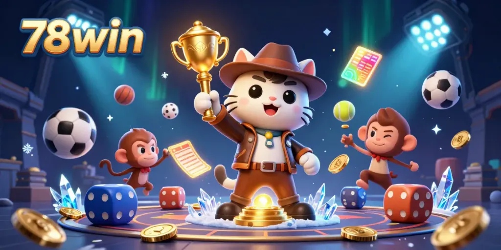 Engage with 78win's thrilling casino adventure as an explorer cat uncovers a golden artifact surrounded by dynamic game elements.