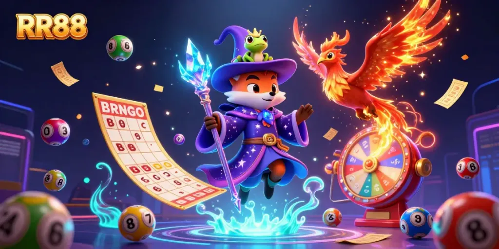 Experience RR88’s magical world of gambling with a vivid mystical scene featuring a wizard fox, phoenix, and lottery elements.