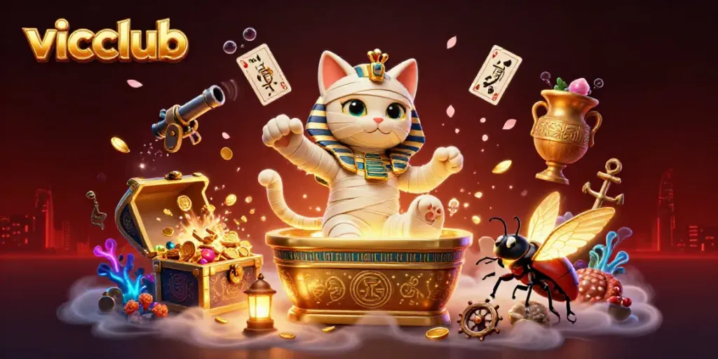 Experience vicclub in a dynamic 3D illustration featuring a mummy cat and treasures in a pyramid casino.