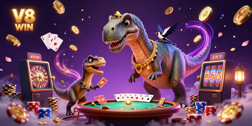 Experience the vibrant action of V8 WIN with a massive brontosaurus observing a poker game, dynamic casino elements, and radiant treasures.
