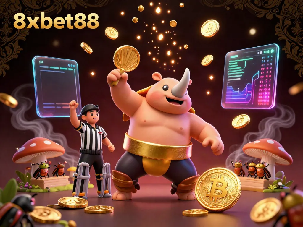 Witness the action of 8xbet88 as a rhinoceros beetle sumo champion sends golden coins flying in a dynamic gambling scene.