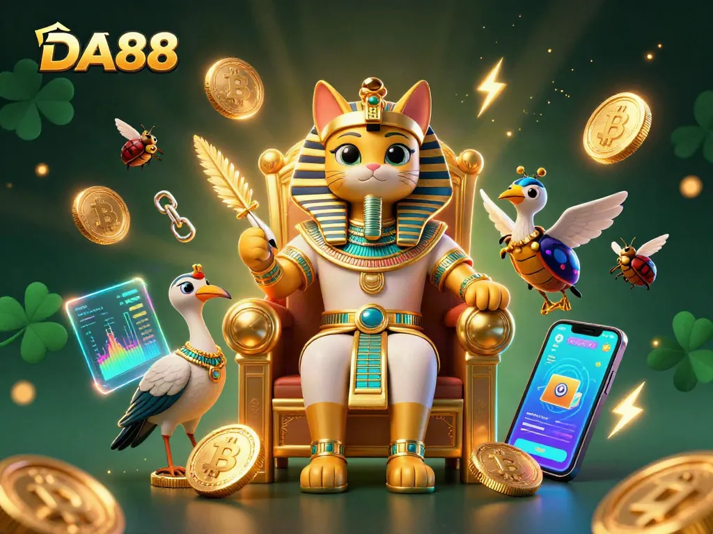 Experience DA88's vibrant 3D casino world with a pharaoh cat, crypto coins, and dynamic gaming elements.
