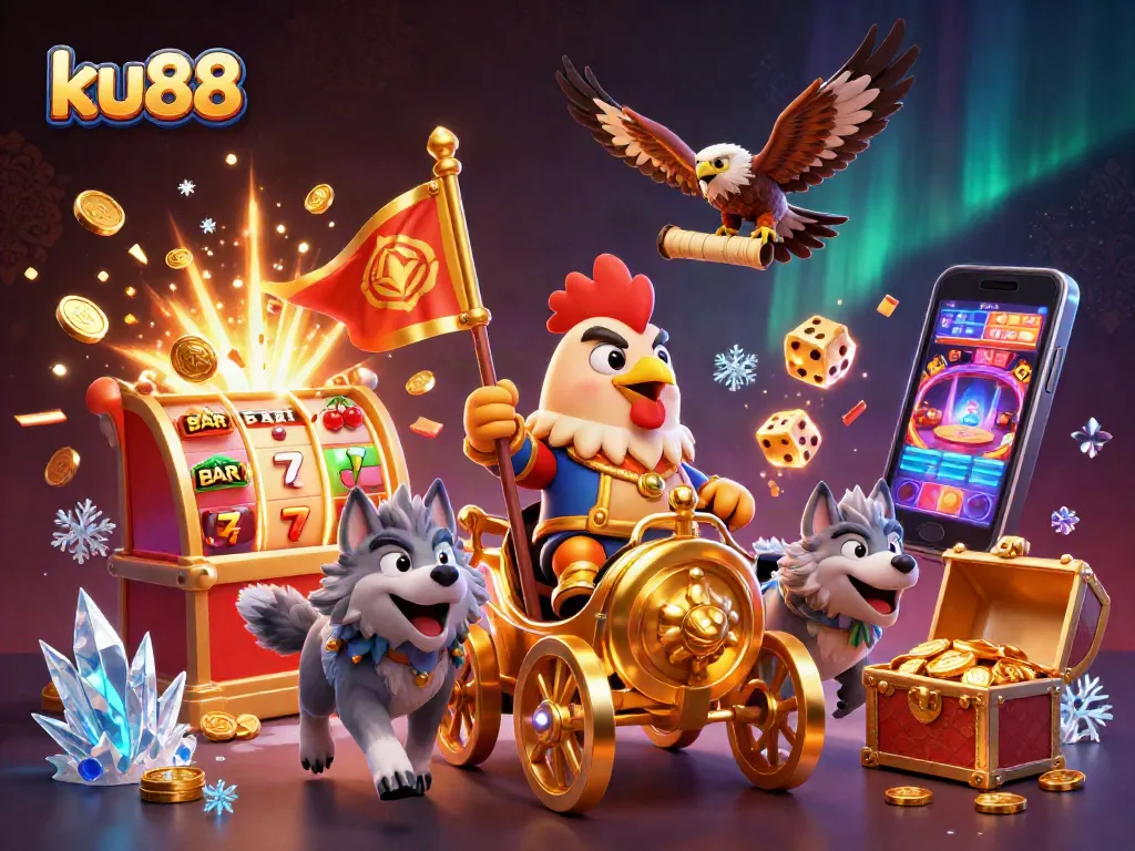Engage with ku88's exciting gaming action in this vibrant 3D casino illustration.