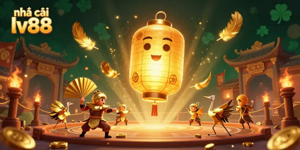 Experience the vibrant gaming atmosphere at nhà cái lv88 featuring a golden lantern spirit and interactive casino elements.