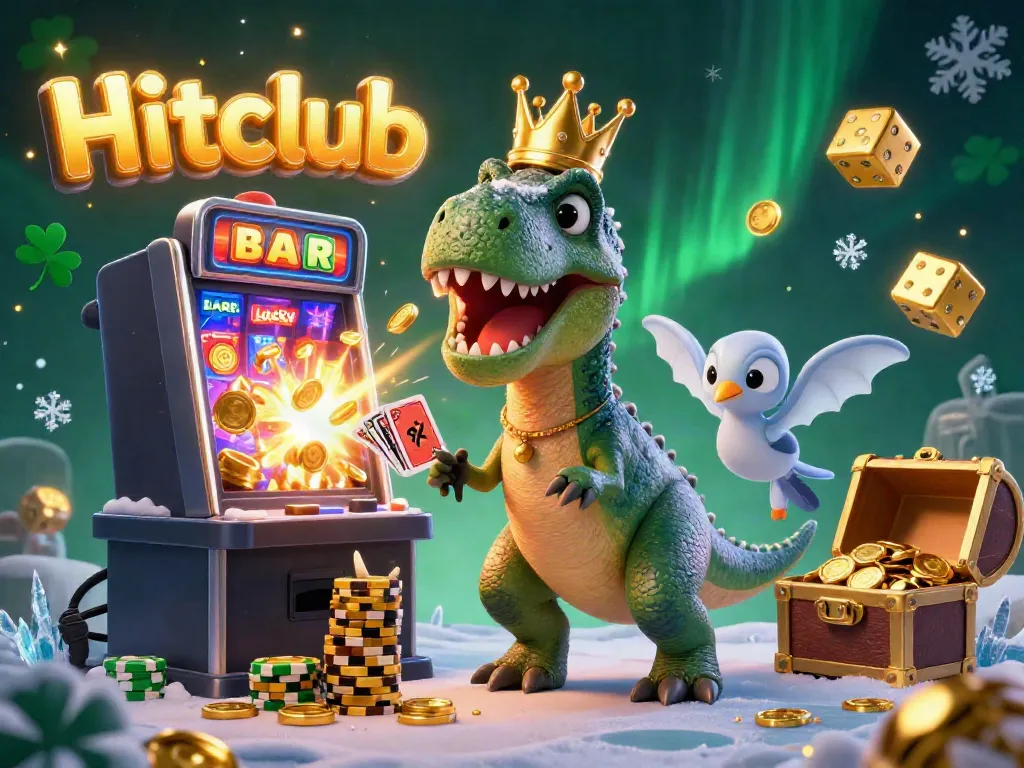 Hitclub's interactive gaming scene with a friendly T-Rex, pterodactyl, and triceratops engaging in casino fun.