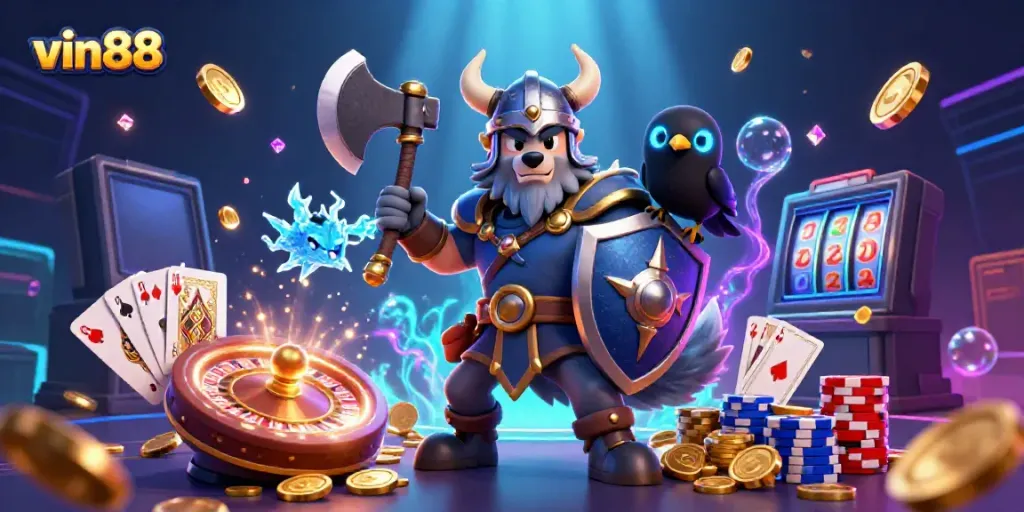 Engage with thrilling games at vin88, featuring a Viking warrior, dragon, and casino elements.