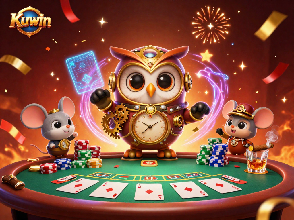 Experience Kuwin's vibrant casino atmosphere with a time-traveler owl and festive poker elements.