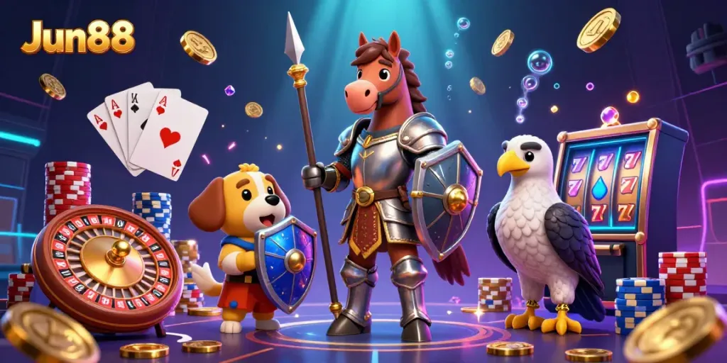 Engage with the thrilling world of Jun88, featuring a knight, squire, and falcon amidst casino elements.