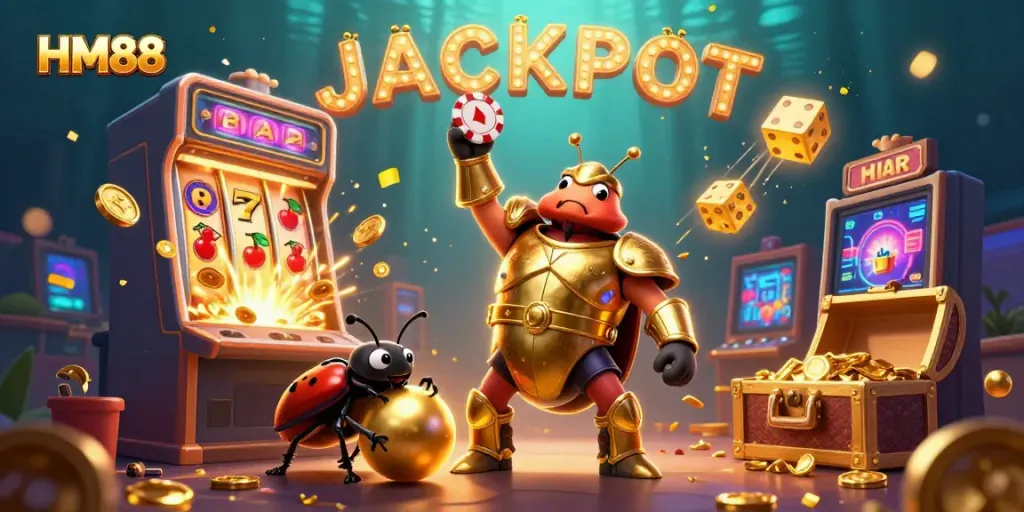Engage in thrilling gameplay at HM88, featuring a golden-armored beetle celebrating a big win amid a vibrant casino scene.
