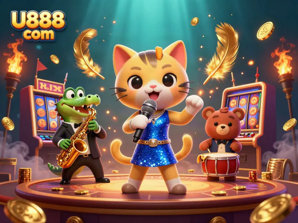 Celebrate at U888 com with a vibrant casino illustration featuring a lively singer cat and saxophone crocodile.
