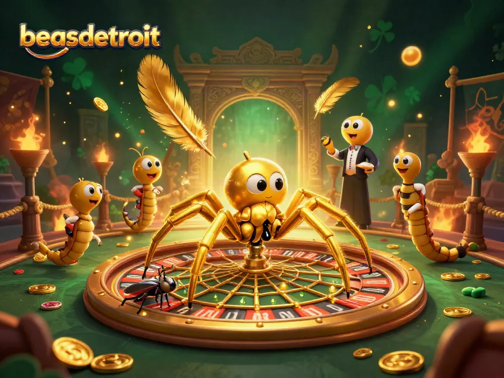Experience the thrill of betting at beasdetroit with a cartoon roulette, spider, and croupier in action.