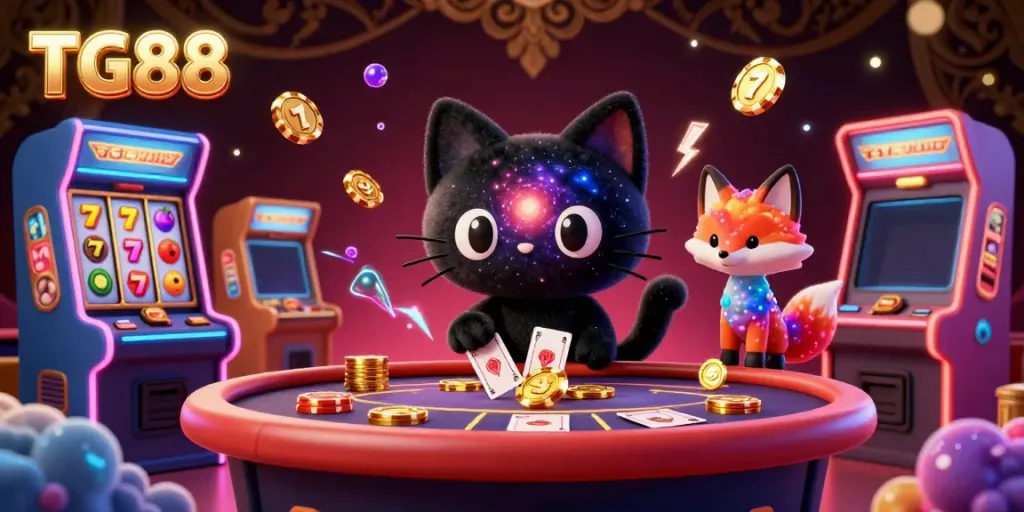 Engage in thrilling slots with TG88, featuring a cosmic cat and vibrant arcade elements.