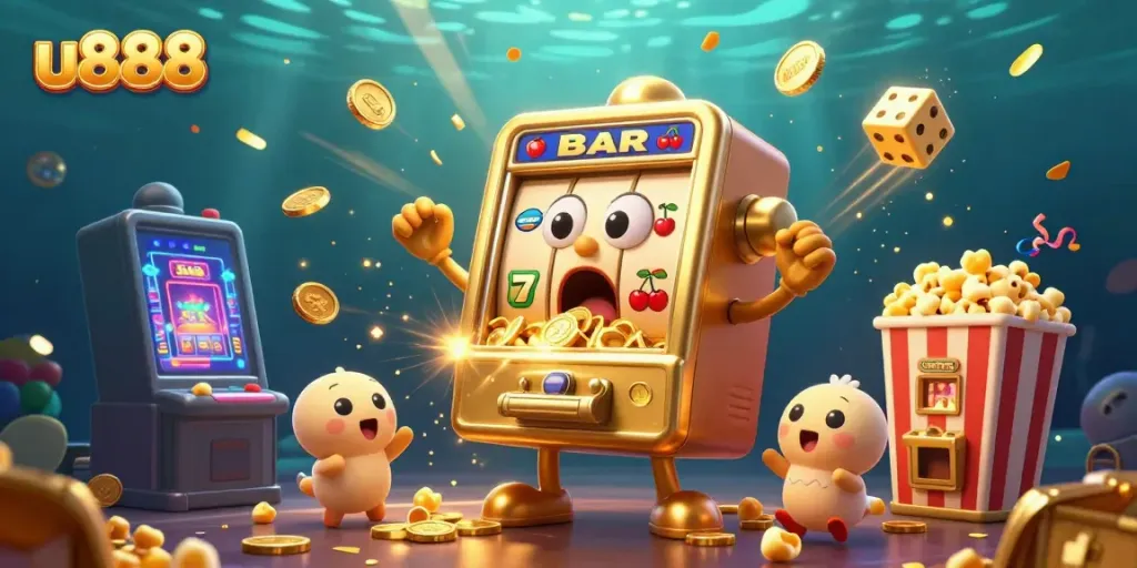 Experience the thrill of u888 with a vibrant slot machine jackpot scene bursting with excitement.