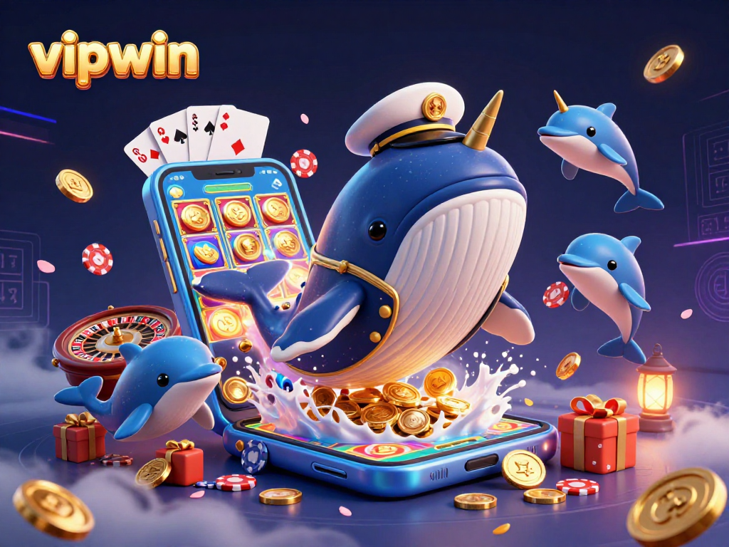 Experience thrilling gaming action with vipwin featuring a cartoon whale and dolphins in a vibrant casino scene.
