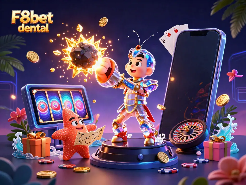 Engage with the thrill of F8bet dental as golden coins and cards scatter in an exciting 3D game scene.