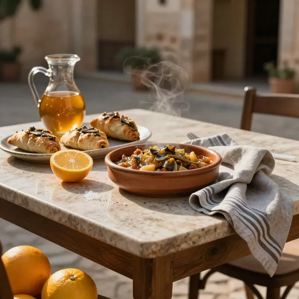Tavola siciliana con caponata, agrumi, pasticcini e brocca in cortile ombreggiato
