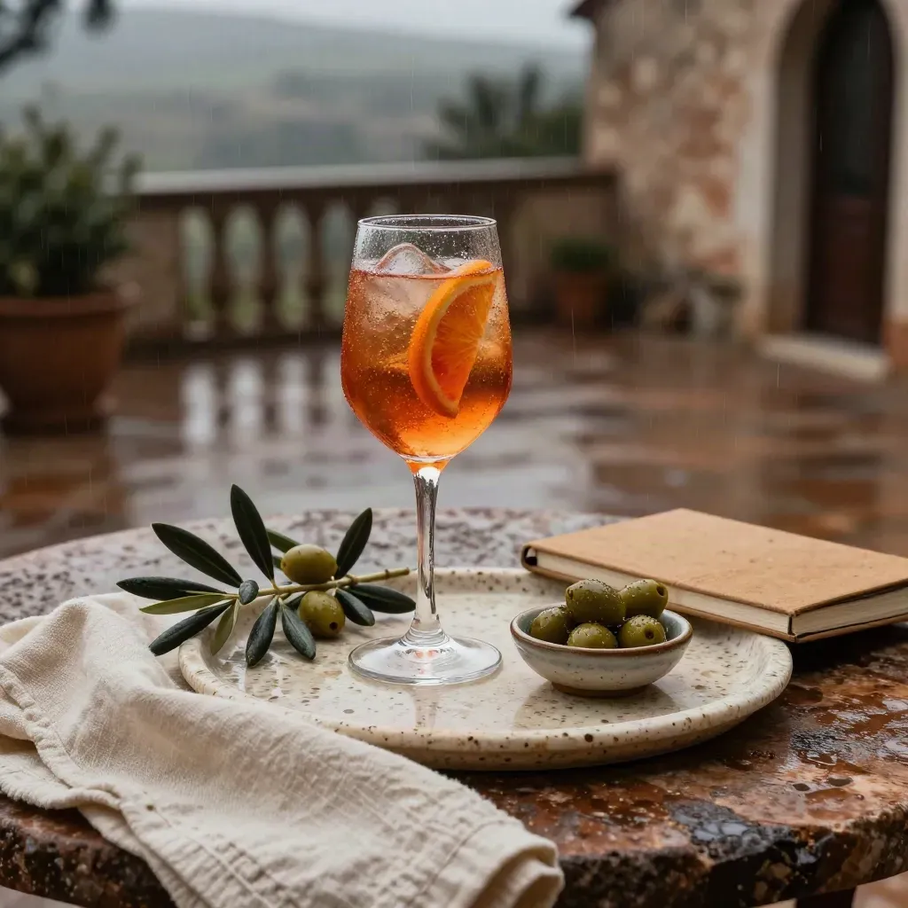 Spritz all’arancia su travertino con olive e lino, dopo la pioggia.