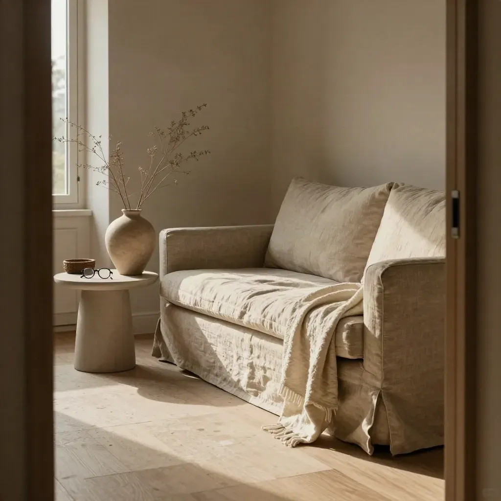 Angolo lettura in lino con divano sfatto, vaso in gres e luce mattutina calda.