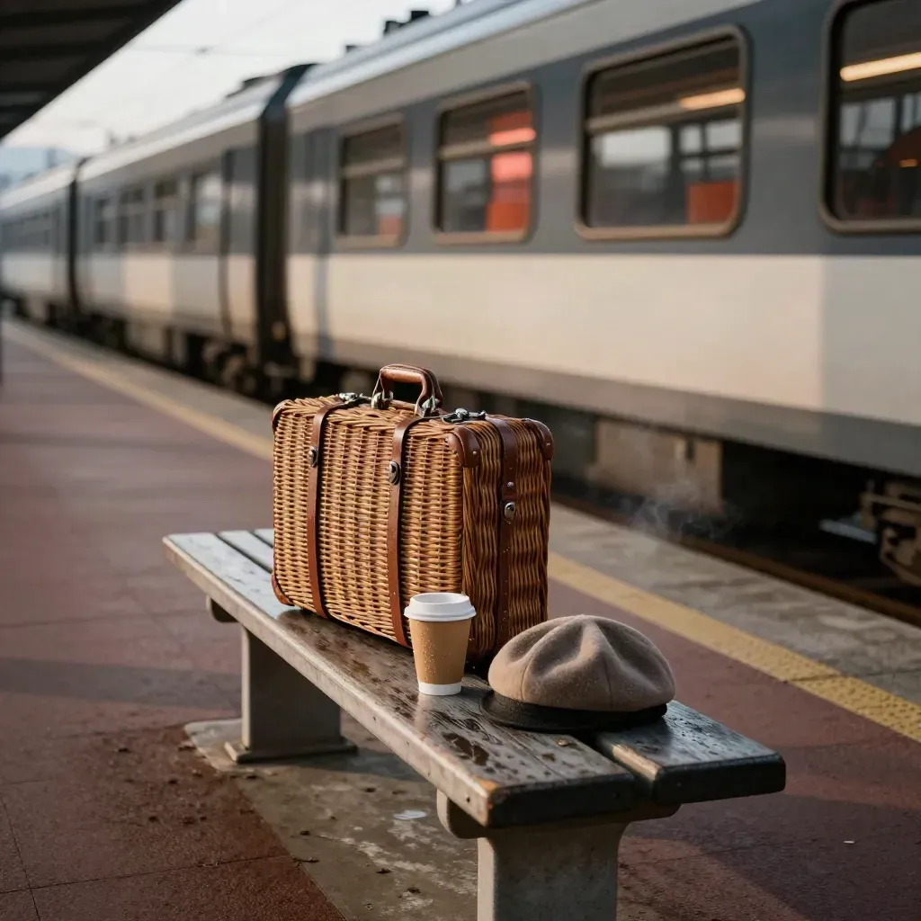 Valigia in vimini, tazza di caffè e berretto su una panchina mentre passa un treno regionale.
