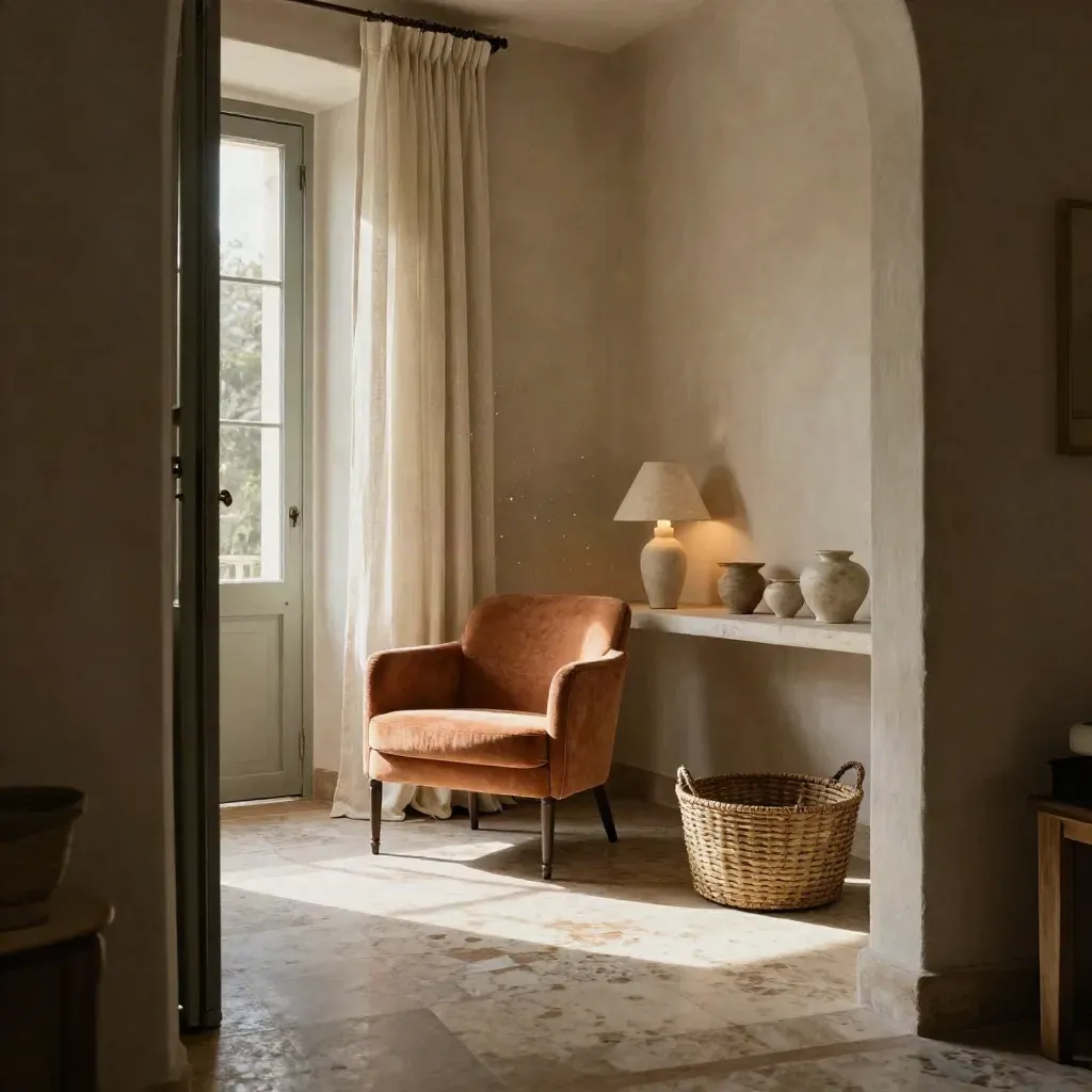 Salotto italiano luminoso con poltrona ocra, tende di lino e lampada in pietra