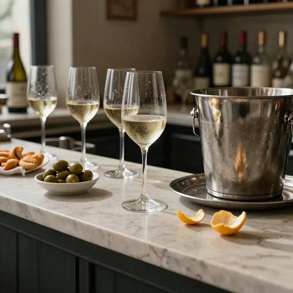 Bar italiano con bicchieri di vino bianco, olive, taralli e secchiello del ghiaccio.