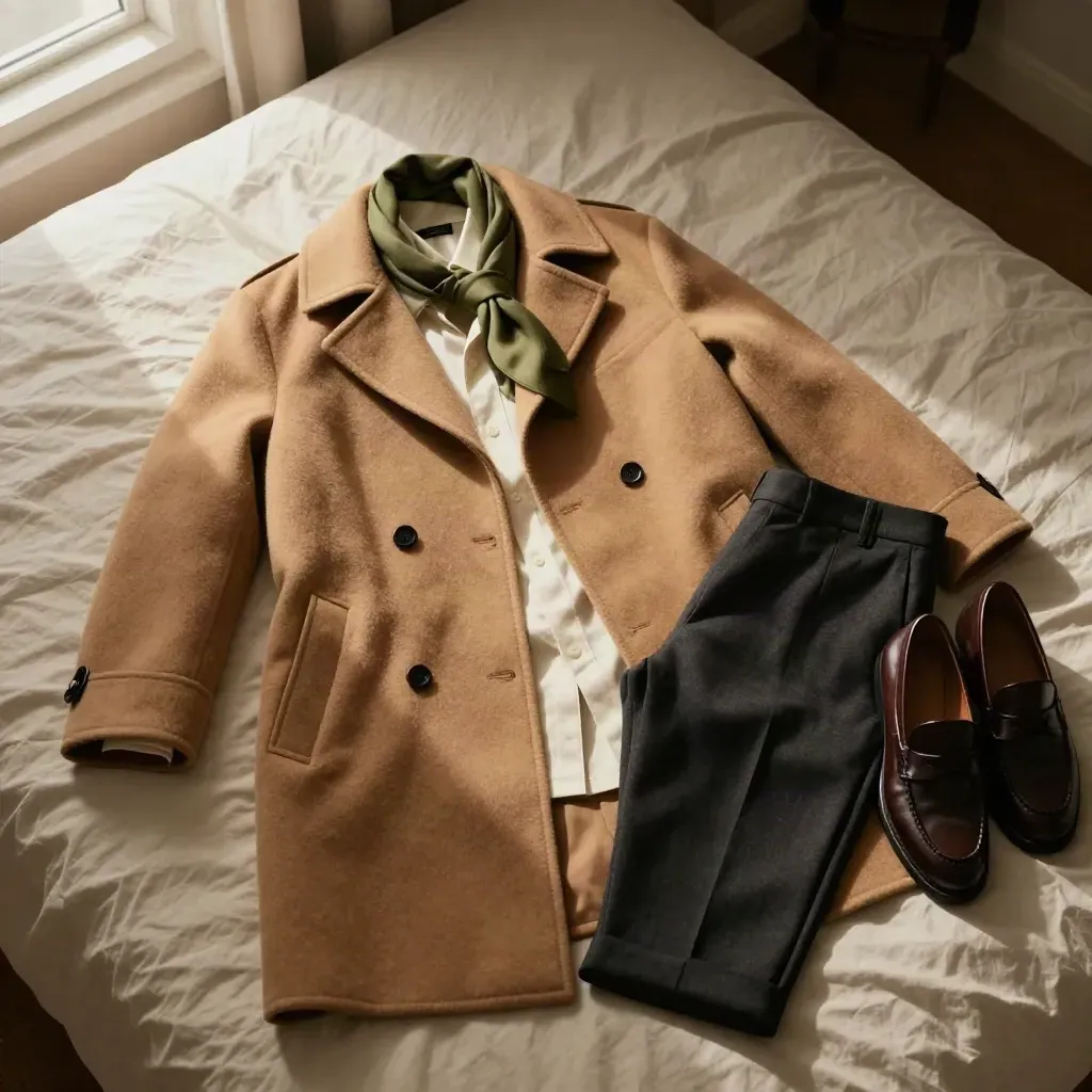Outfit elegante disposto su un letto chiaro, con cappotto cammello e sciarpa oliva.