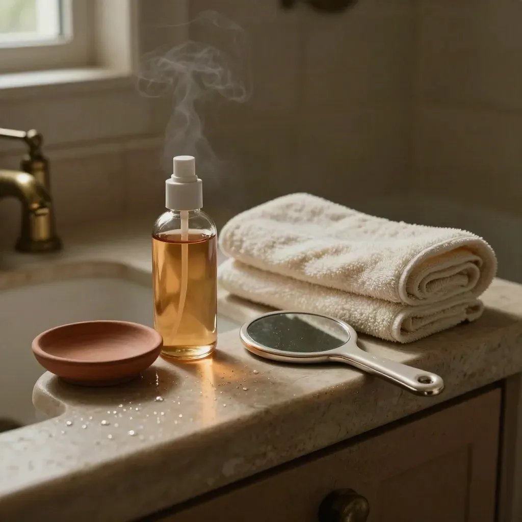 Bottiglia skincare, piattino in ceramica, asciugamano piegato e specchio perlato sul lavabo.