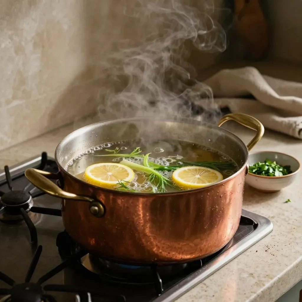 Pentola di brodo di mare in riduzione con finocchio, limoni ed erbe sul piano cucina.