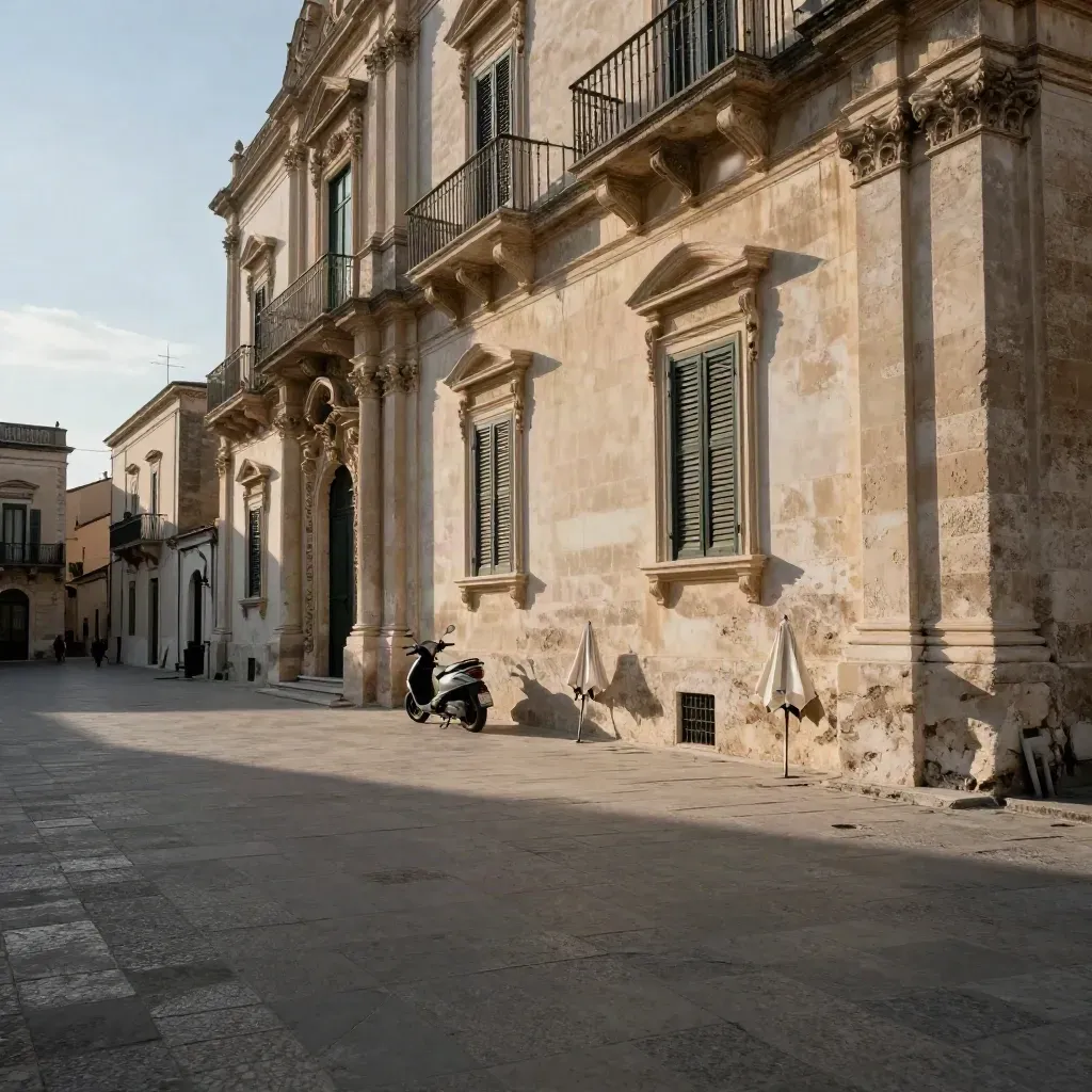 Facciata barocca leccese in piazza vuota, scooter parcheggiato e ombrelloni chiusi nel caldo del pomeriggio.