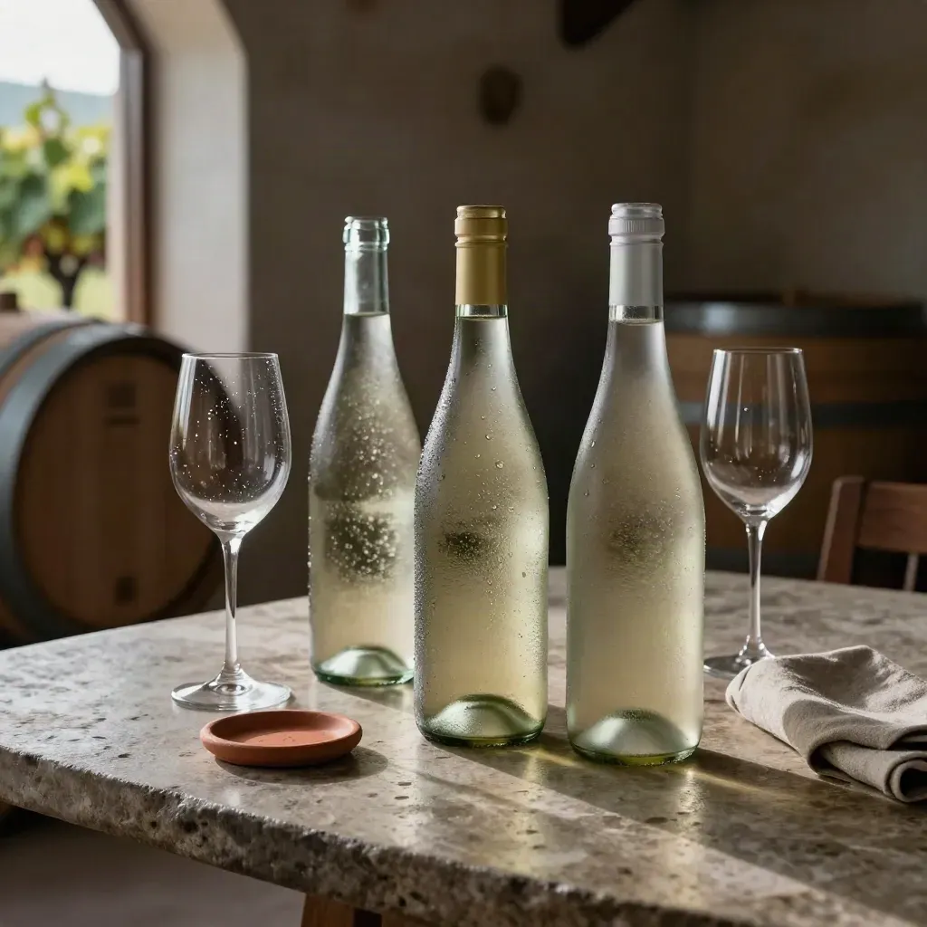 Tre bottiglie di vino bianco condensate su tavolo di pietra in una sala degustazione.