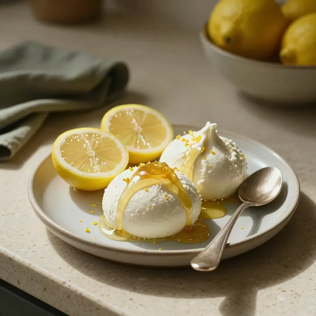 Ricotta con miele e limone su pietra chiara, con cucchiaio d’argento e tocchi oliva.