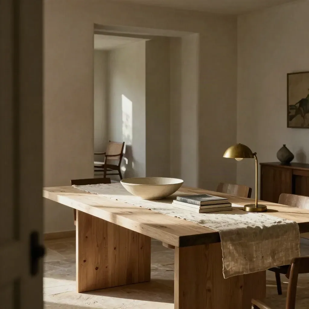 Tavolo in legno chiaro con lino, ceramica e lampada bassa in una stanza luminosa e calma
