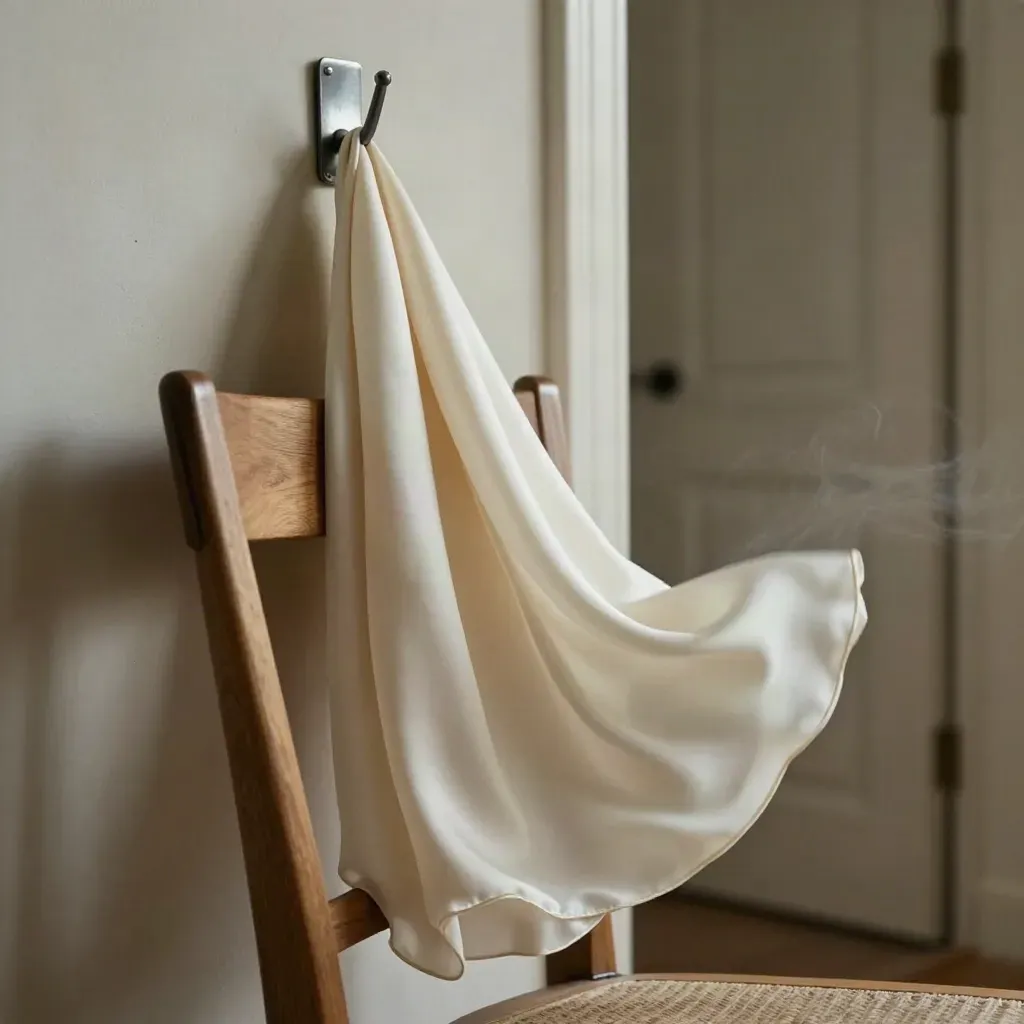 Foulard di seta crema che si solleva su una sedia vicino a un gancio in un ingresso