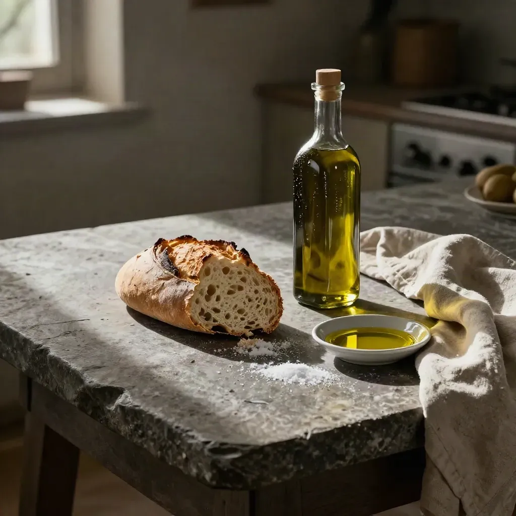 Pane spezzato, olio nuovo e sale su tavolo di pietra, luce calda e ombra cinematografica.