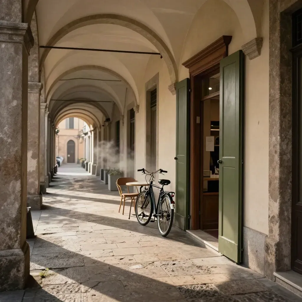 Portici di Parma con caffè, bici e un negozio di formaggi in luce calda.