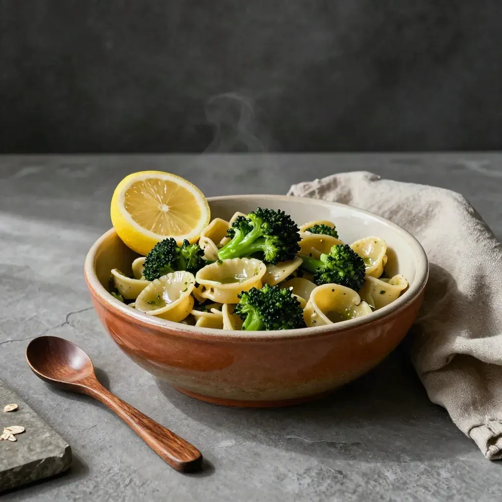 Ciotola di orecchiette con cime di rapa, limone, tovagliolo di lino e cucchiaio su superficie neutra