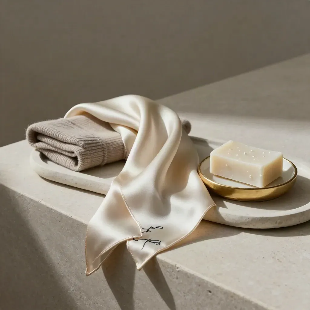 Foulard di seta, sapone perlaceo e vassoio ceramico su fondo chiaro, stile elegante.