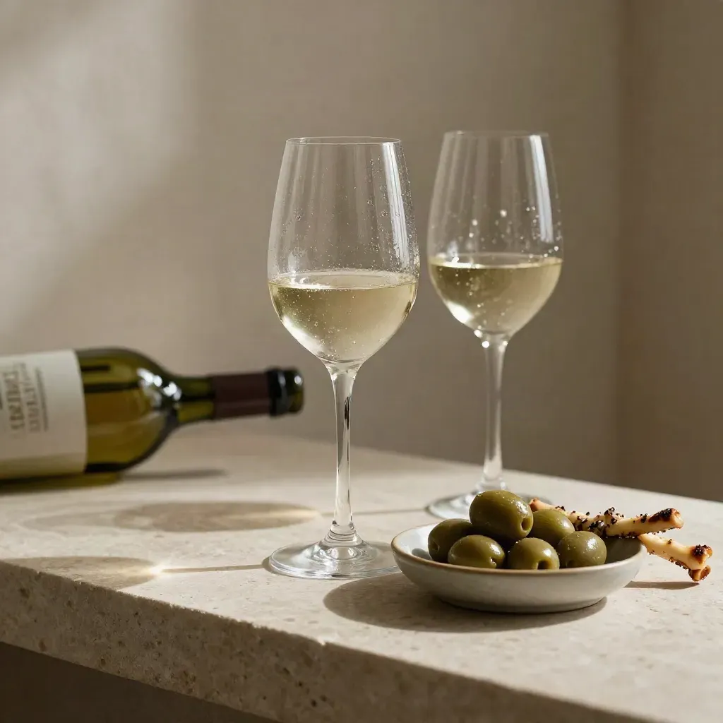Due calici di vino bianco, olive e taralli su una mensola di pietra, con bottiglia sfocata.
