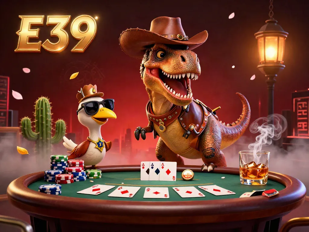 E39 immersive casino scene featuring a dinosaur, cactus, and roadrunner alongside poker elements.