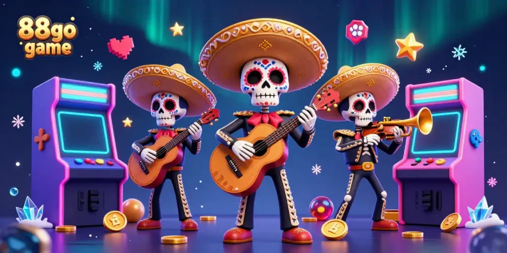Engage with the 88go game in a vibrant 3D illustration featuring a mariachi band amidst arcade game machines.