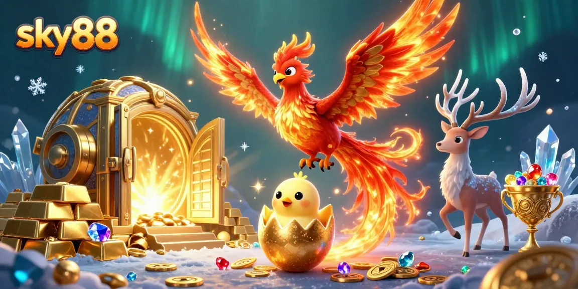 Join the thrilling adventure at sky88 with a phoenix and treasures lighting up the scene.