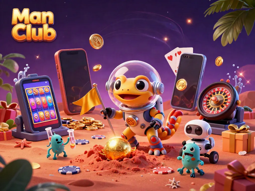 Engaging Man Club scene featuring a fun Martian gecko and a robot rover in a colorful casino experience.