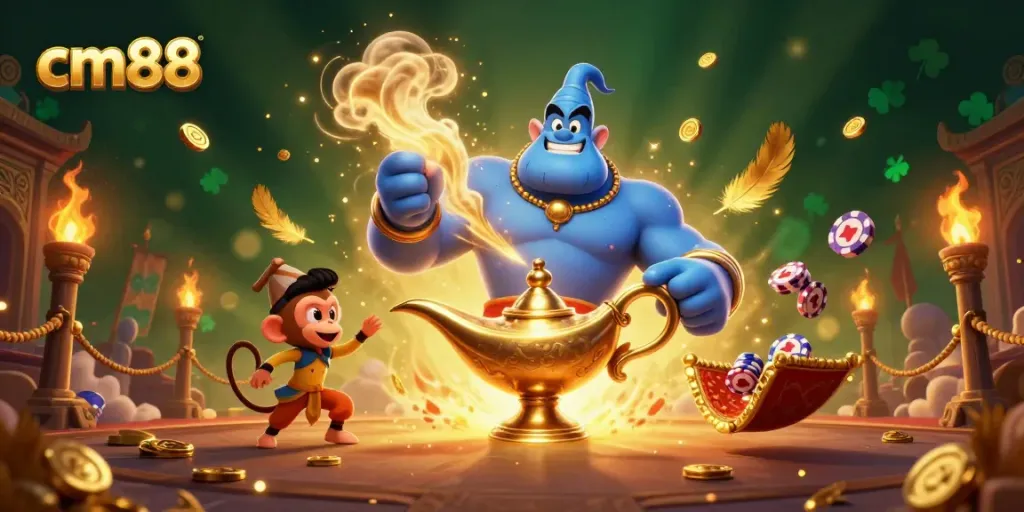 Experience the excitement of cm88 with a roaring genie and poker chips flying around in this vibrant casino scene.