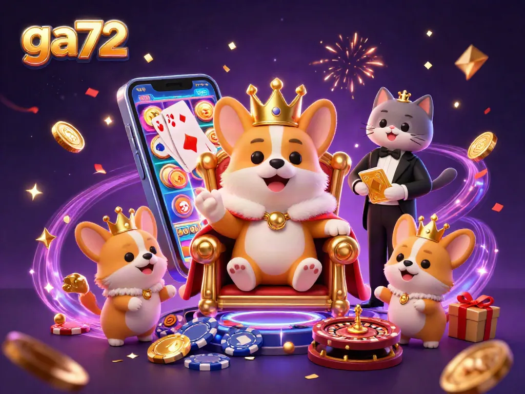 Experience excitement at ga72 with a royal corgi on a poker chip throne amidst gold coins and vibrant gaming elements.