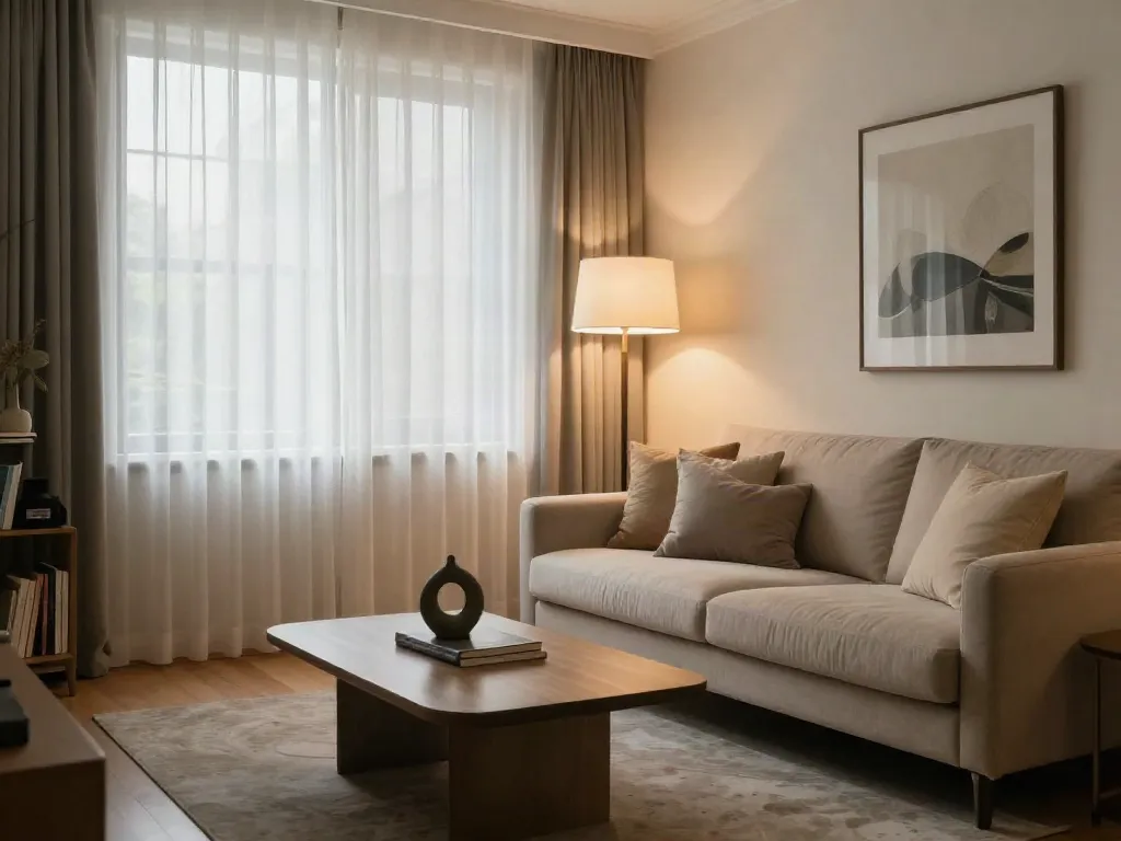 Cozy living room featuring discreet apartments in Sharon with soft lighting and elegant decor.