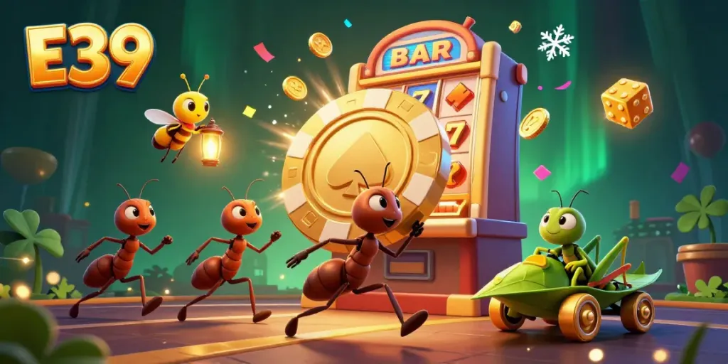 Experience thrilling E39 casino adventures with animated ants carrying a giant poker chip through a vibrant scene.