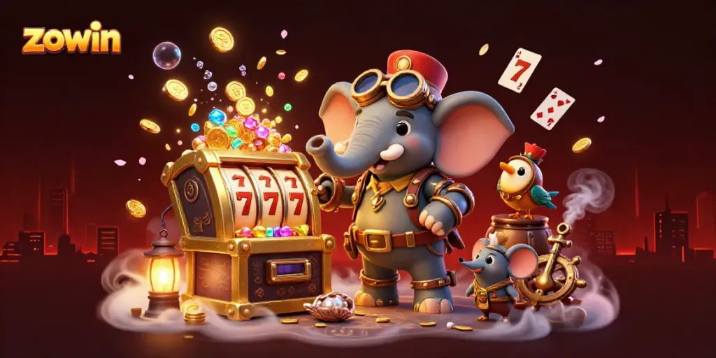 Spin the reels of the zowin slot machine in vibrant 3D cartoon illustration surrounded by treasures.
