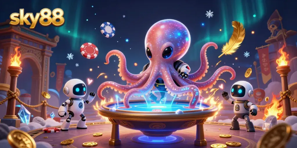 Experience engaging poker with sky88's thrilling alien octopus at a holographic table surrounded by dynamic casino elements.